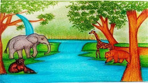 How To Draw Forest Scenery with Animals .
